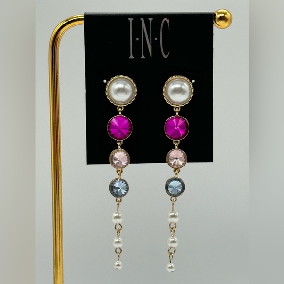 INC Drop Crystal and Faux Pearl Dangling Earrings in Gold Tone 3.5in - Picture 7 of 9